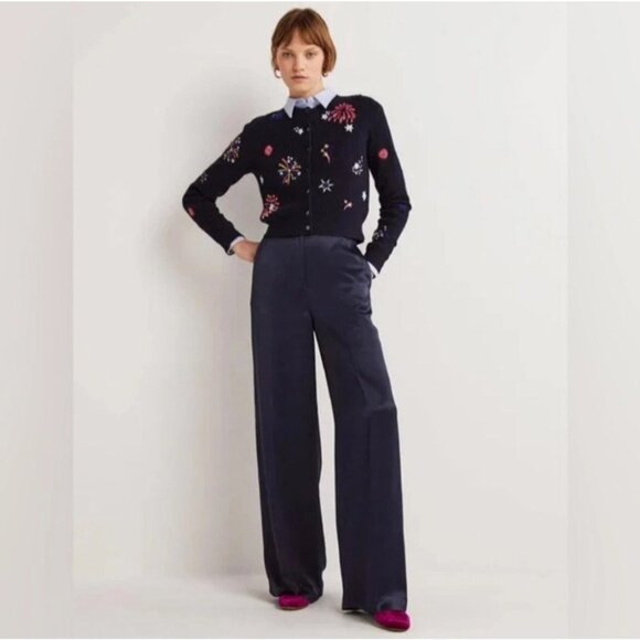 NEW Boden Wide-Leg Satin High-Rise Navy Blue Pockets Trousers Pants Women's 10 - Picture 2 of 15